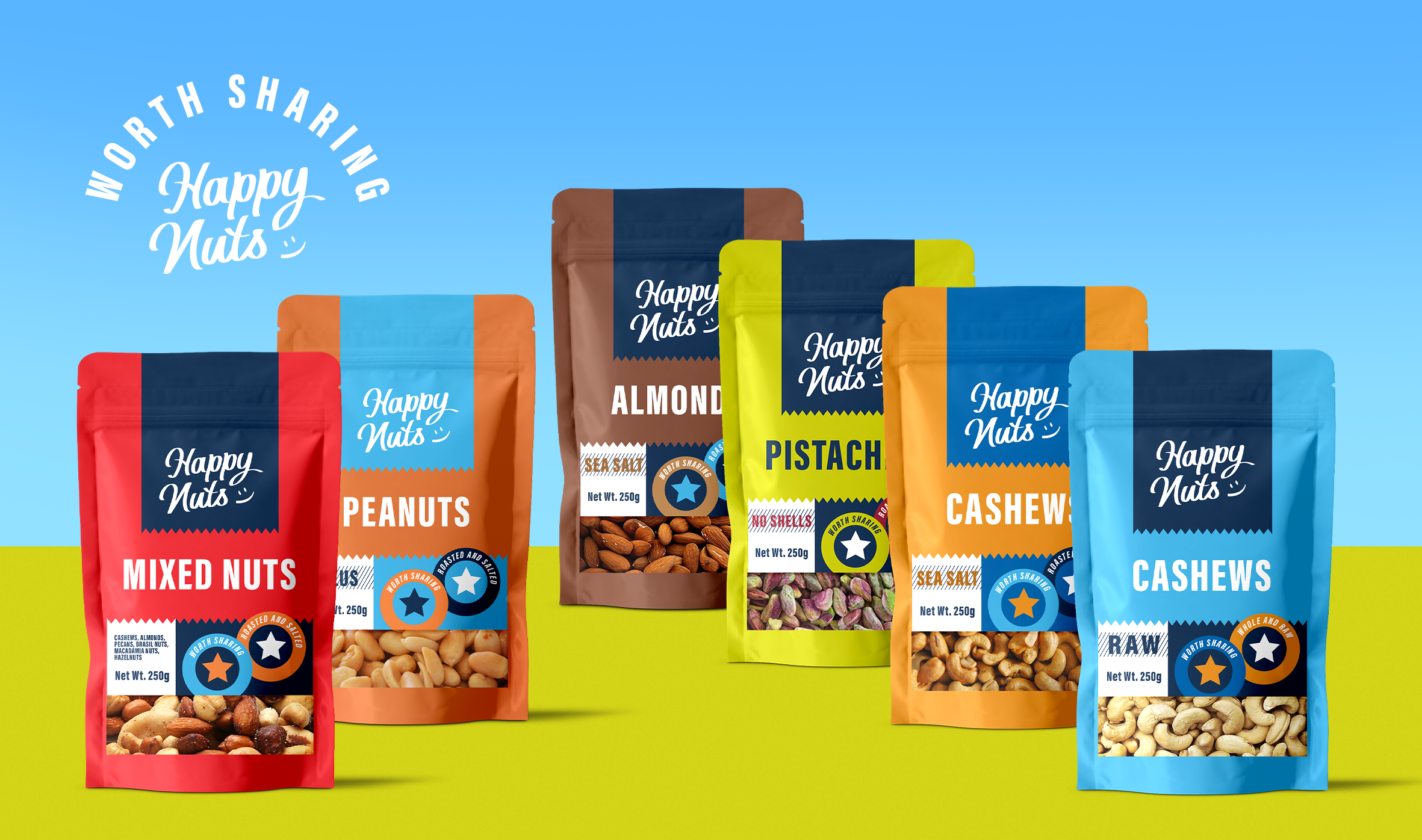 Six colorful pouches with nuts standing on green top with blue background behind.